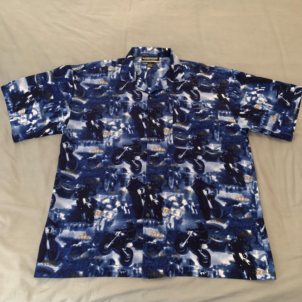 Yago Shirt Mens XL Blue Motorcycle Racing Graphic Short‎ Sleeve Button Front